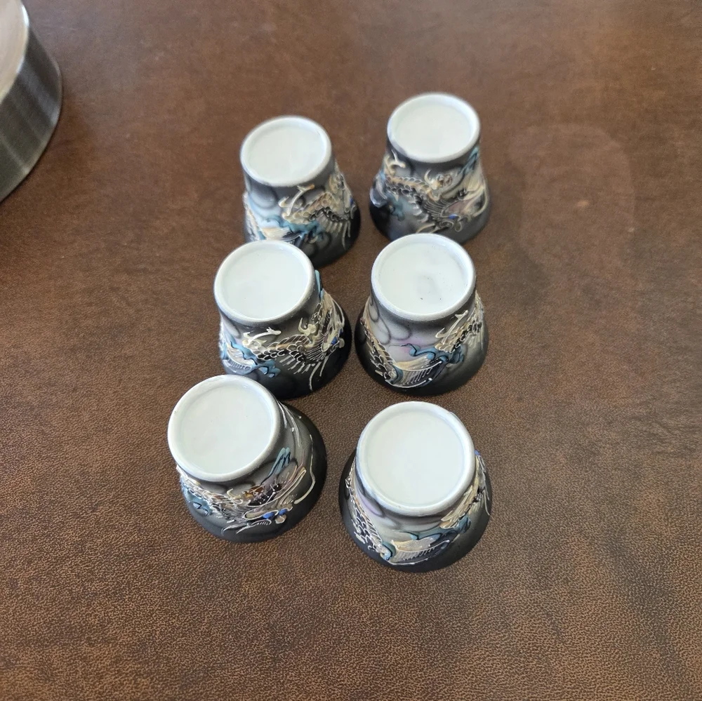 Japanese Moriage Dragonware Sake Cups With Lithopane Geisha Girl Image At Bottom
